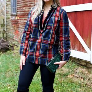J.Crew Velvet-trimmed V-neck tunic in black Stewart Tartan S